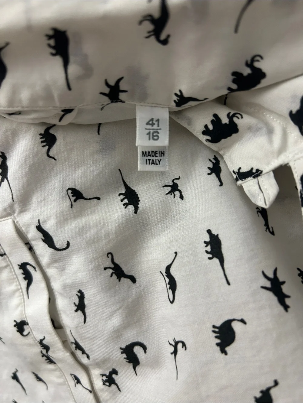 Lanvin White Short-Sleeve Button-Down Shirt with Black Dino Print Sz 16 - Picture 3 of 11